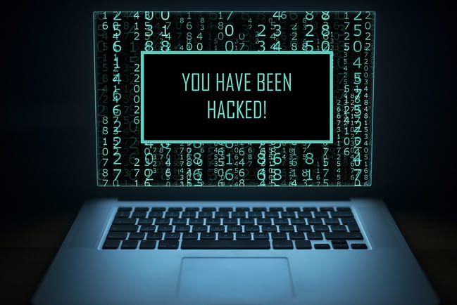 Hacked. Internet crime concept. Computer display with message YOU HAVE BEEN HACKED. Network security data protection. what to do when satan attacked